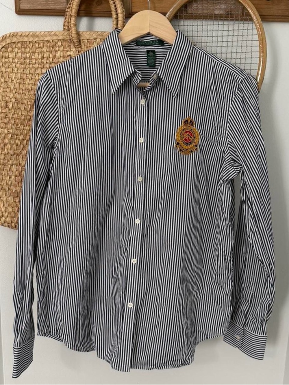 Lauren Ralph Lauren Navy & White Striped Button Down Shirt with Crest